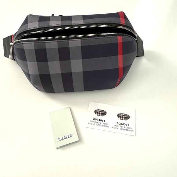 Burberry Navy Grey IP Check Canvas Leather MD Sonny Belt Bag - Picture 11 of 16